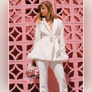NWT! Nasty Gal White Belted Blazer with Feather Cuffs